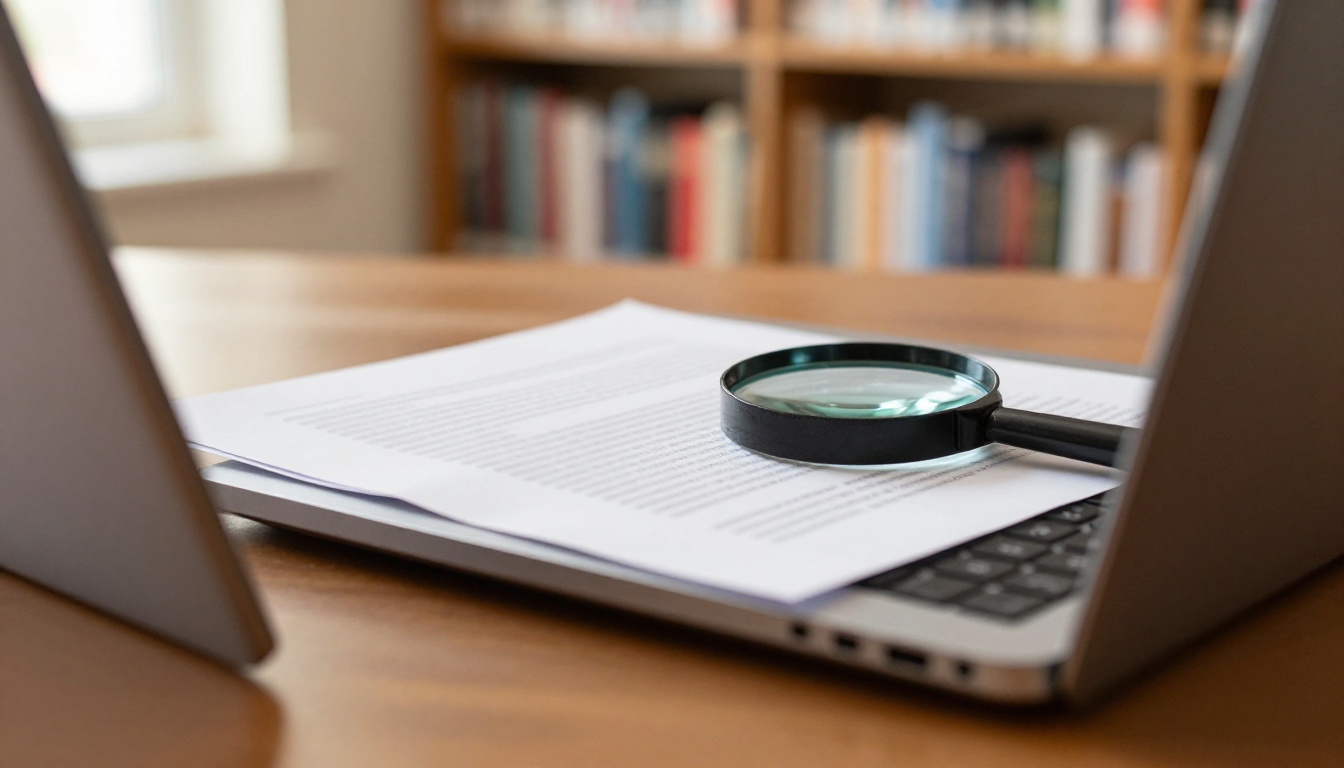 Laptop on a library table showing a blurry skewed document Laptop on a library table showing a blurry skewed document