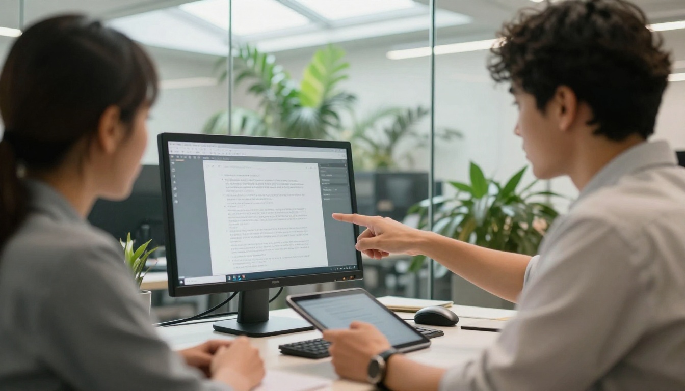 Two colleagues reviewing a document page on a monitor and tablet Two colleagues reviewing a document page on a monitor and tablet