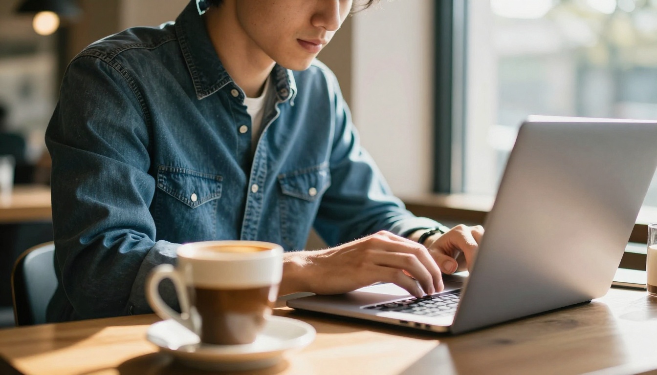 A young man in a denim shirt working on a laptop in a sunlit cafe A young man in a denim shirt working on a laptop in a sunlit cafe