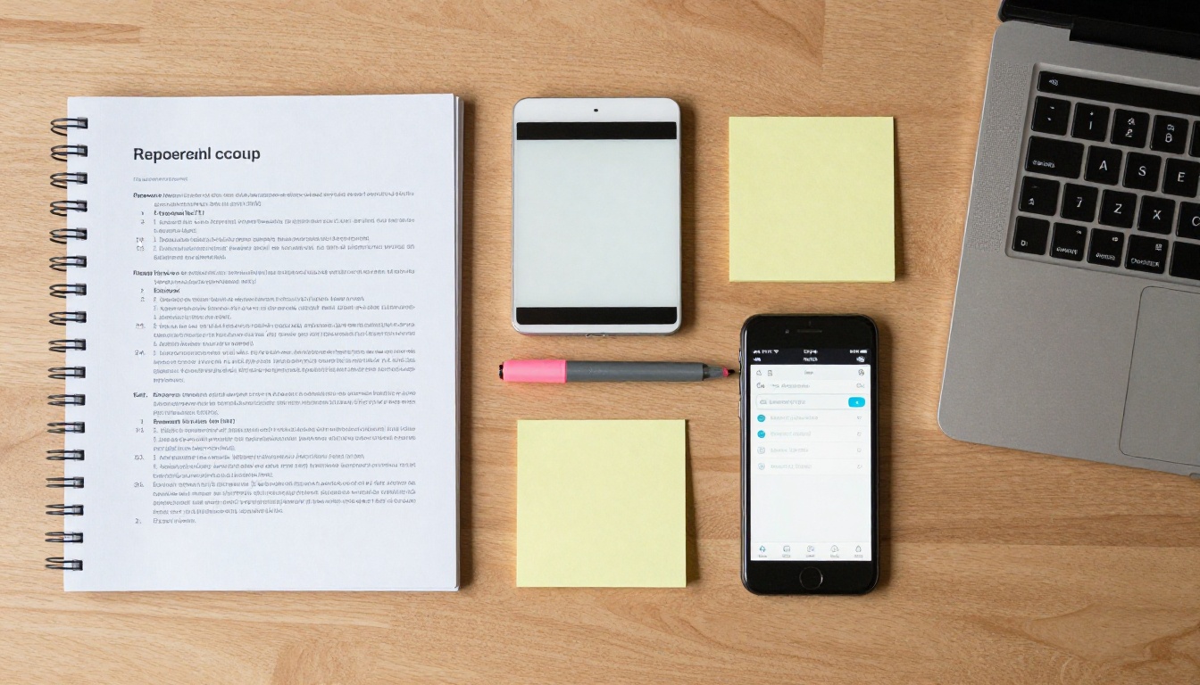 Aerial view of a desk with a printed report, highlighter, and laptop Aerial view of a desk with a printed report, highlighter, and laptop