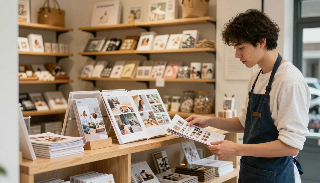 A small business owner in an apron reviewing a printed catalog at a boutique counter A small business owner in an apron reviewing a printed catalog at a boutique counter