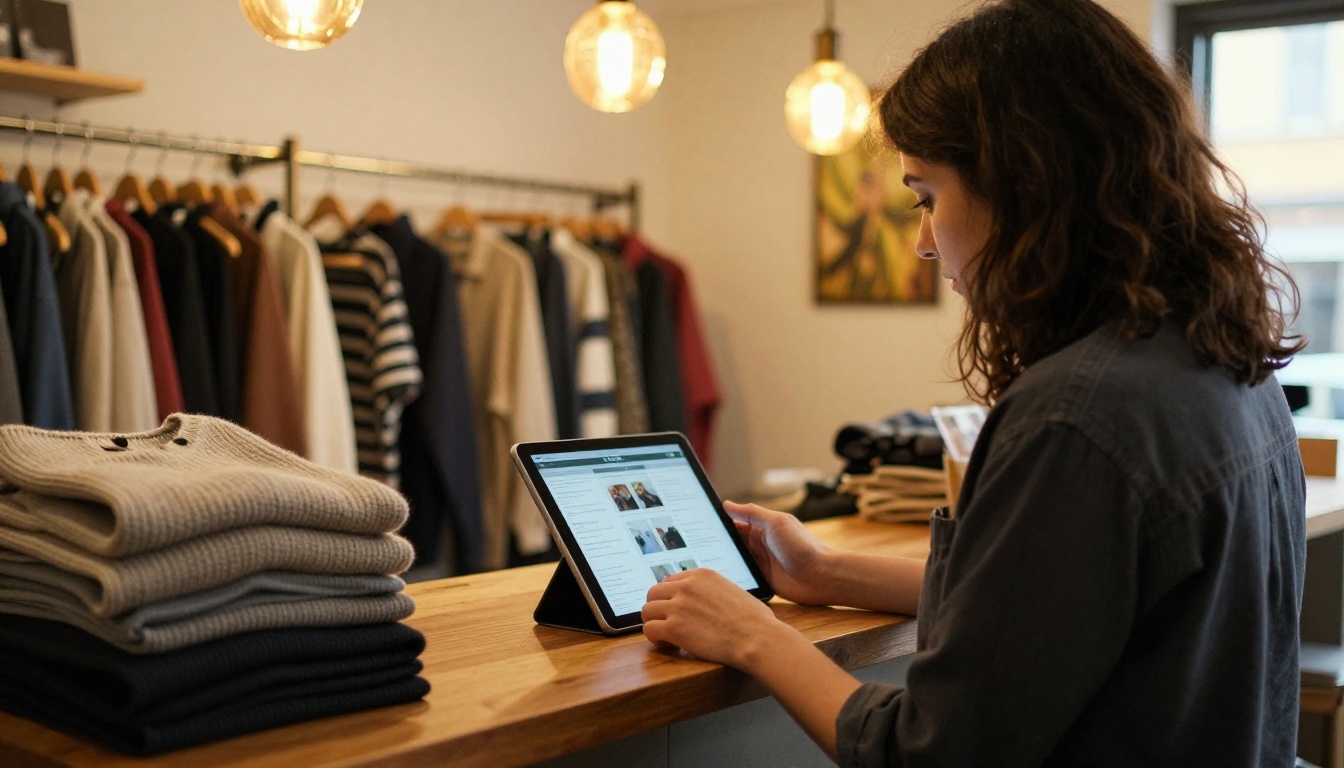 Boutique owner reviewing a digital catalog on a tablet Boutique owner reviewing a digital catalog on a tablet