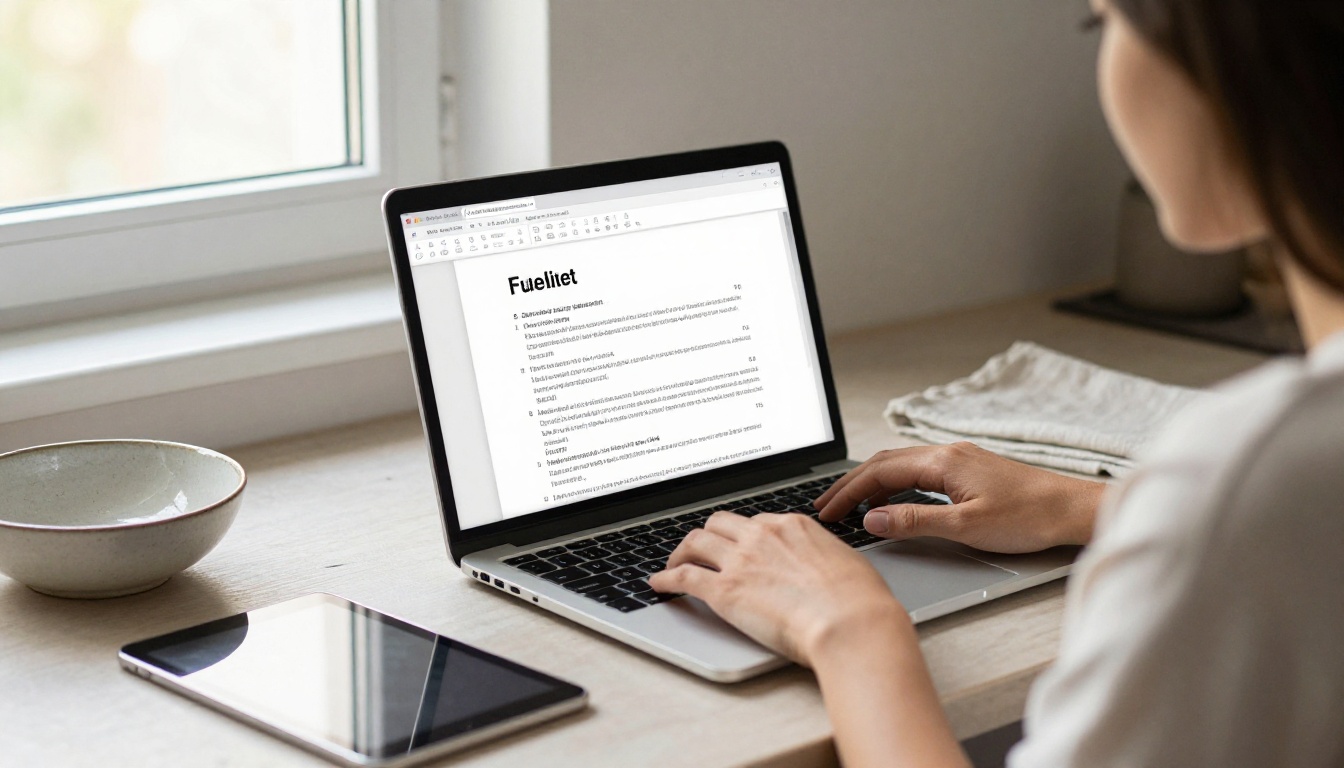 A woman at a kitchen table reviewing a PDF on a laptop with a tablet beside her A woman at a kitchen table reviewing a PDF on a laptop with a tablet beside her