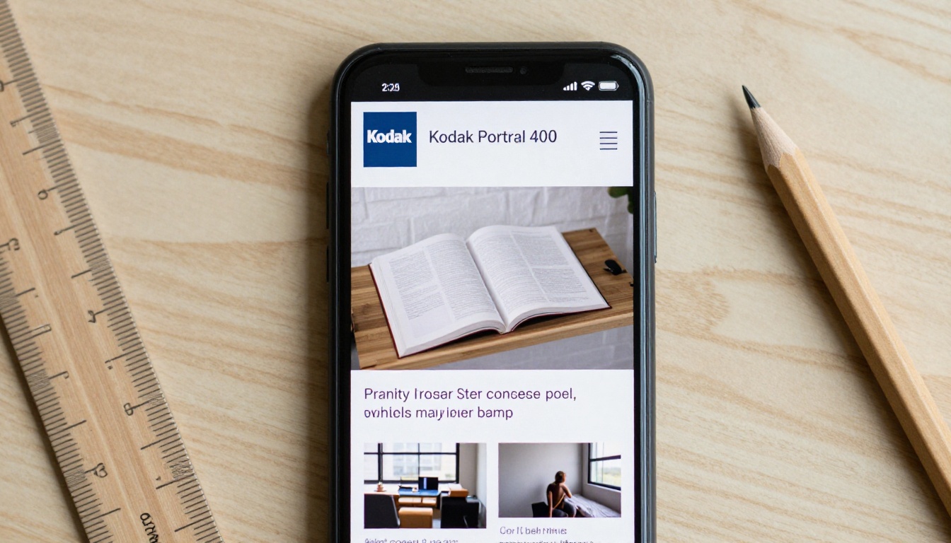 Smartphone on an oak table showing a tiny fixed-width embedded magazine with empty margins
