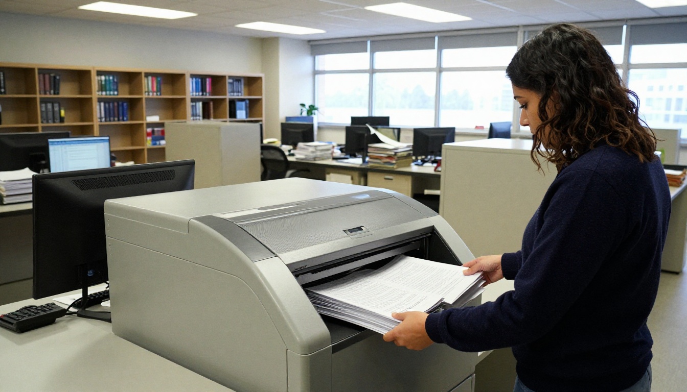 Staff member feeding archived documents into a document feeder scanner Staff member feeding archived documents into a document feeder scanner