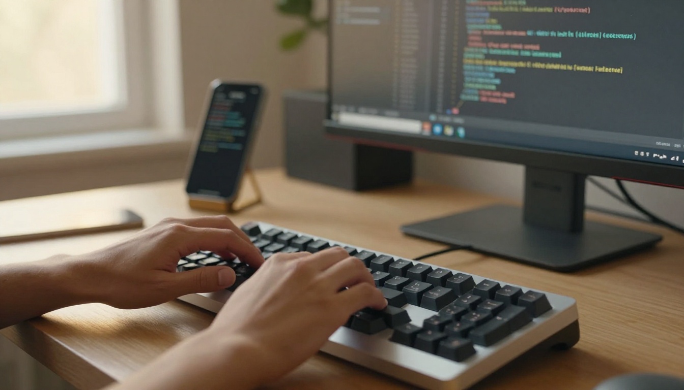 Web developer hands typing on a keyboard with a phone on a stand beside the monitor