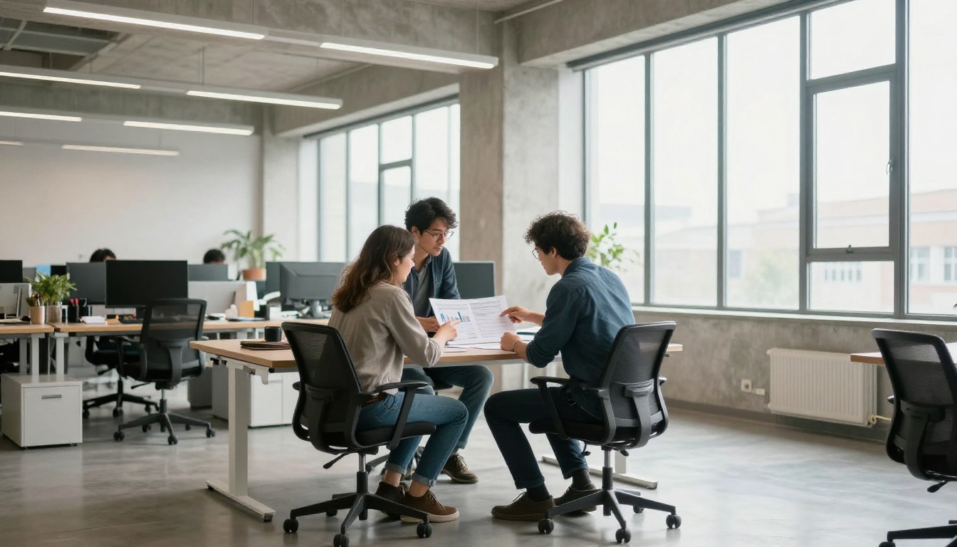 Two colleagues reviewing a printed report together at a standing table in a bright office Two colleagues reviewing a printed report together at a standing table in a bright office