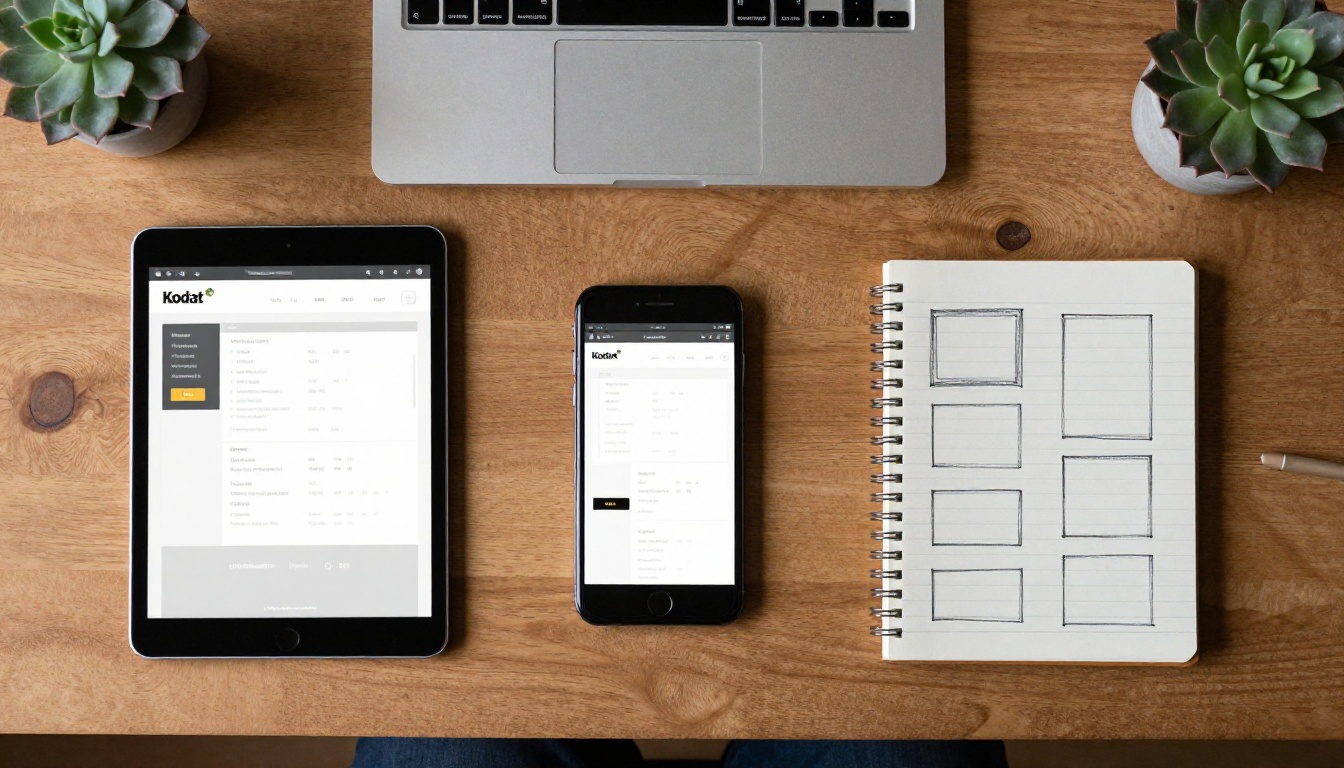 Overhead view of a tablet, phone and laptop showing the same webpage at different sizes