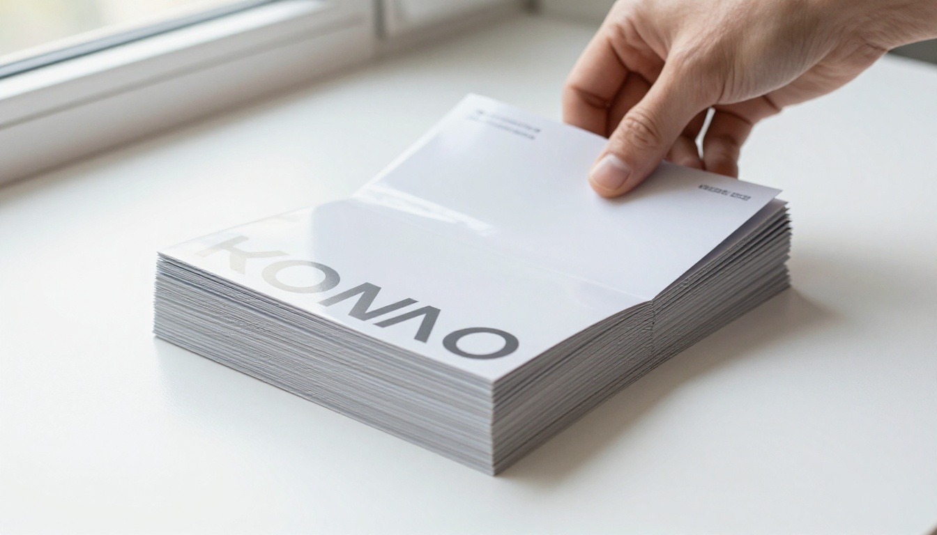 Stack of freshly printed glossy brochures fanned out on a white table Stack of freshly printed glossy brochures fanned out on a white table