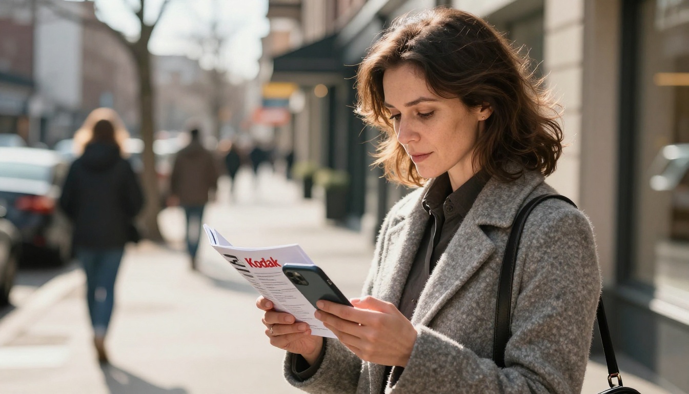 Woman reading a digital brochure on her phone on a sunny city sidewalk