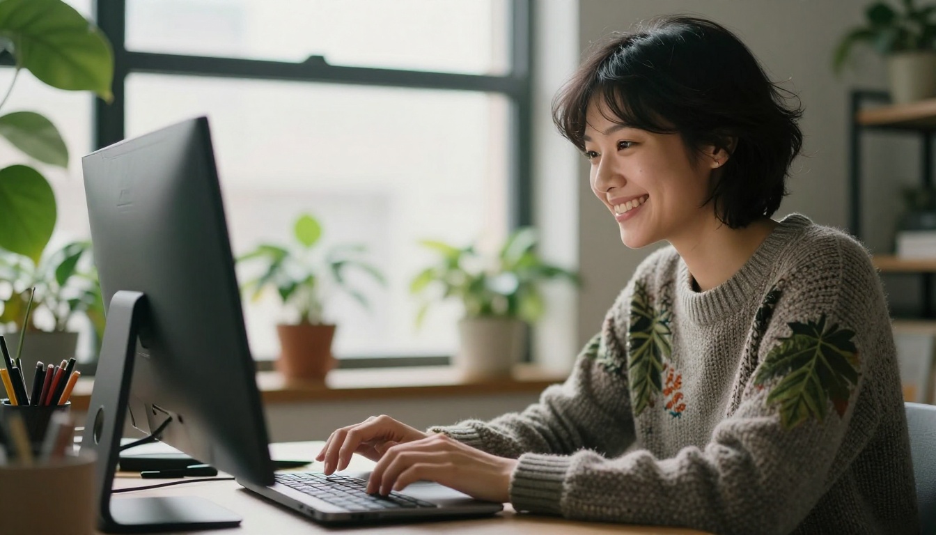 A freelance designer smiling at a laptop in a plant filled studio A freelance designer smiling at a laptop in a plant filled studio