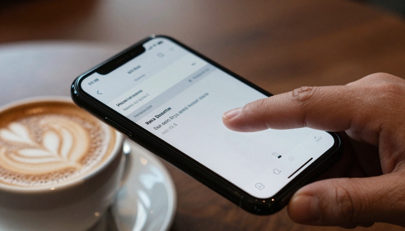 Finger tapping a smartphone screen showing a page-turning magazine beside a latte
