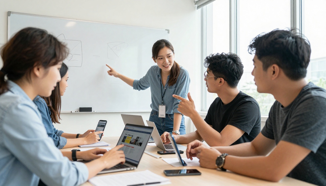 Marketing team around a conference table testing a website on several smartphones