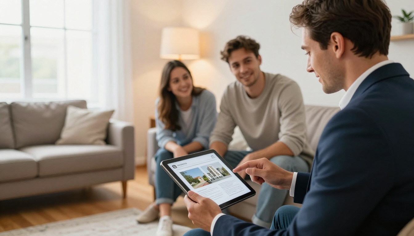 Real estate agent showing a property brochure on a tablet to a young couple