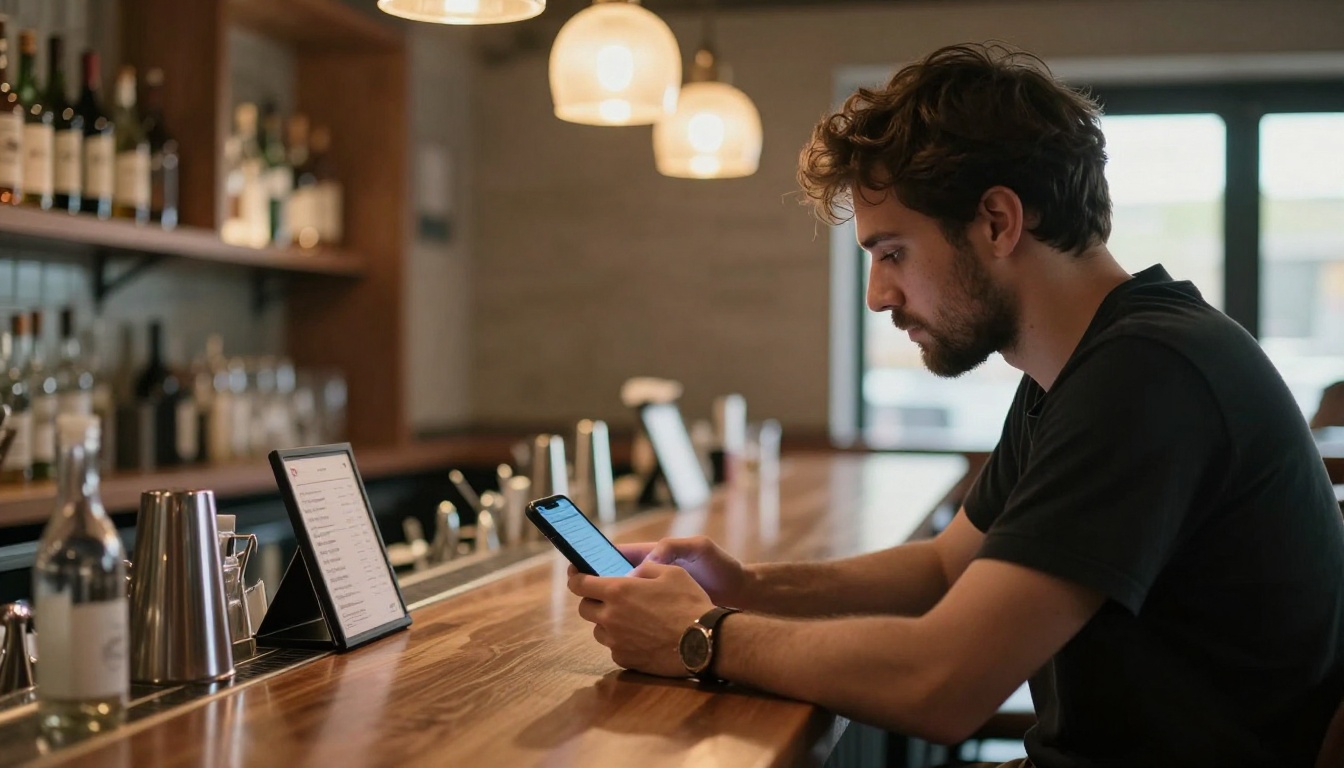 Restaurant owner at a bar counter checking a digital menu on his phone