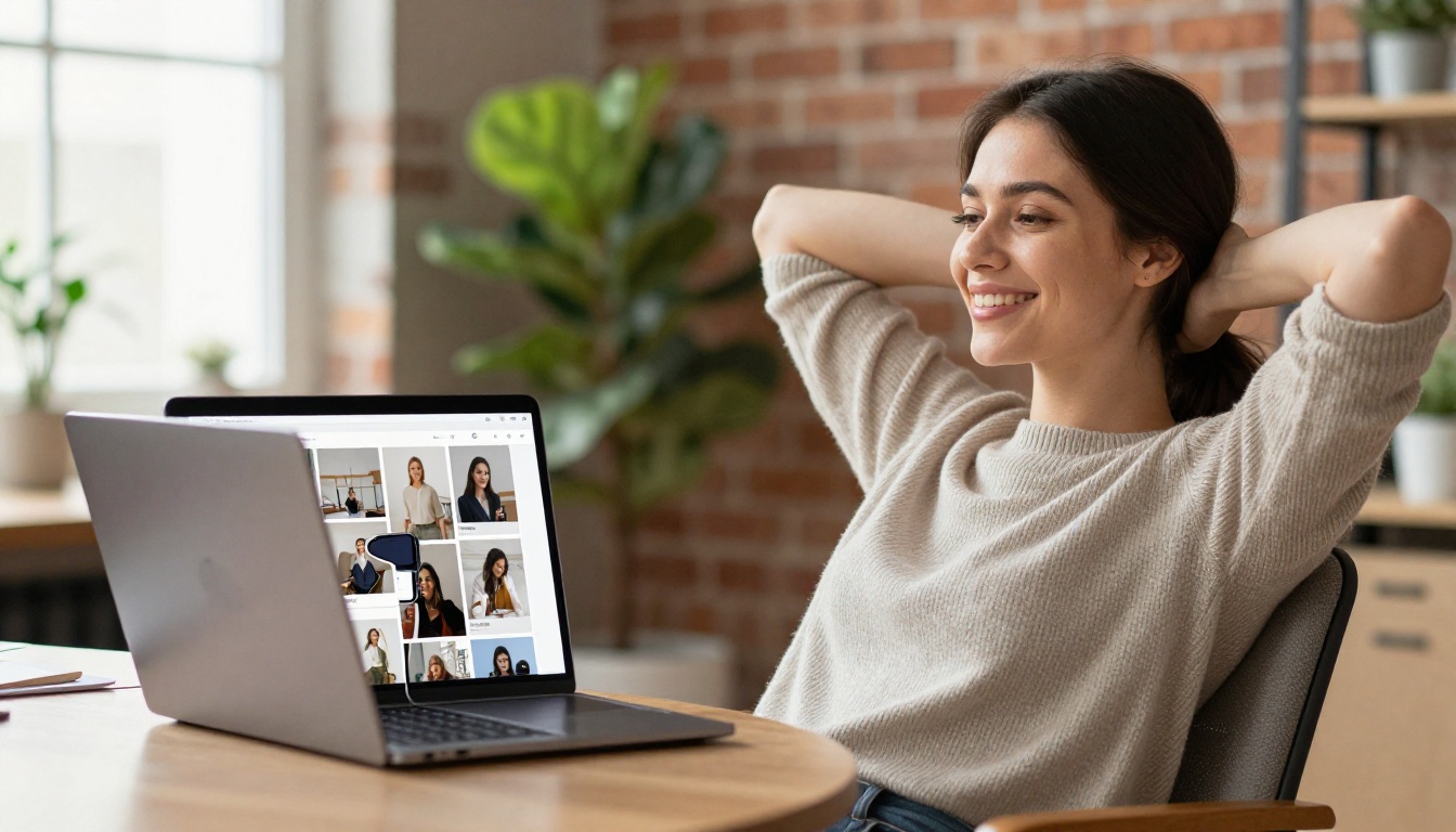 Freelance designer smiling at a laptop and phone both showing a full-width portfolio