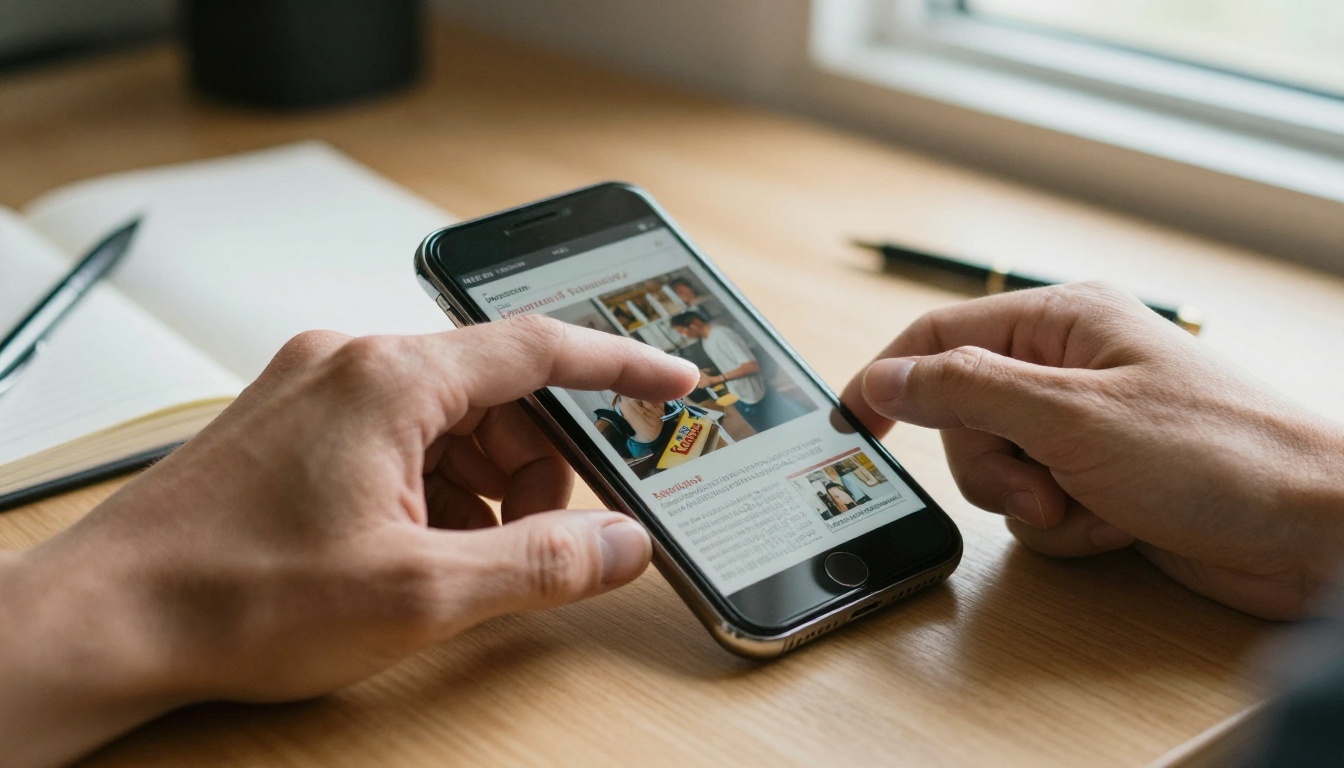 Hand swiping a phone screen showing a flipbook mid page turn