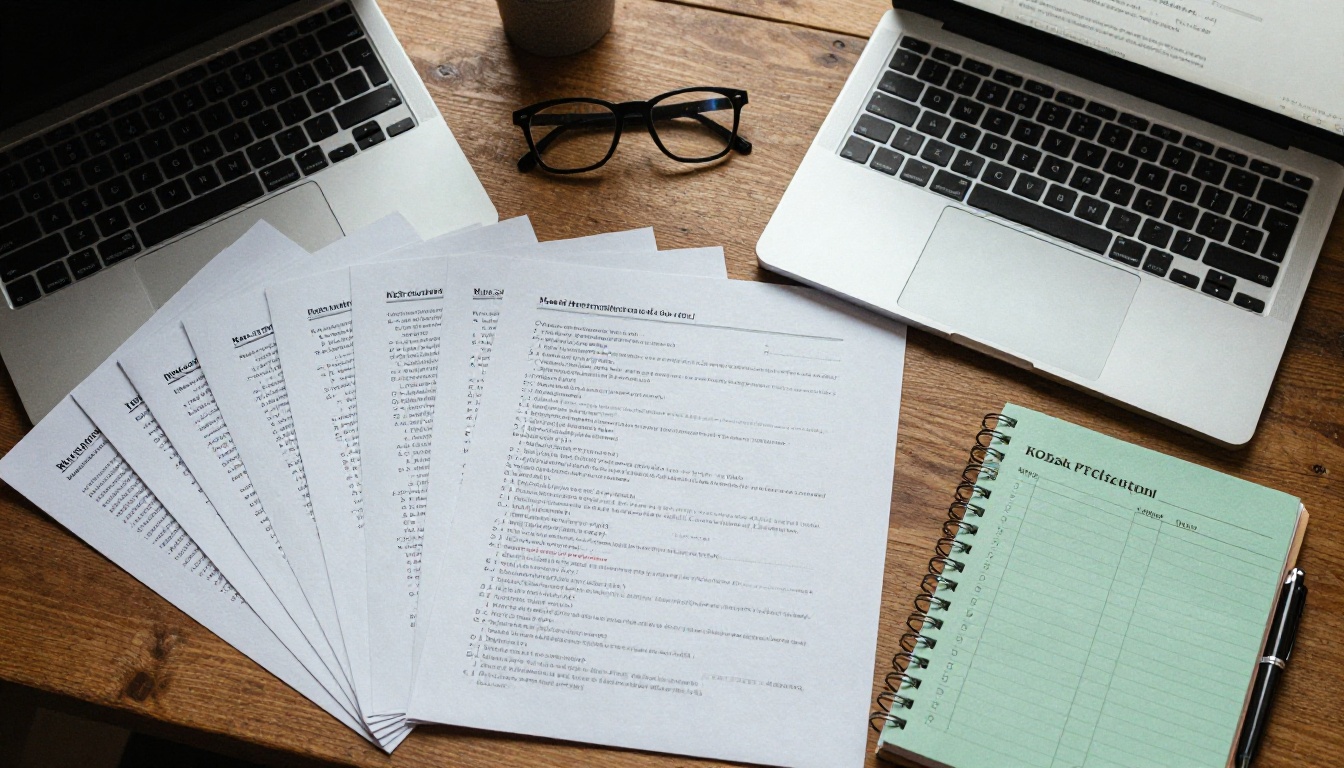 Printed PDF pages fanned out beside a laptop and tablet on a tidy desk