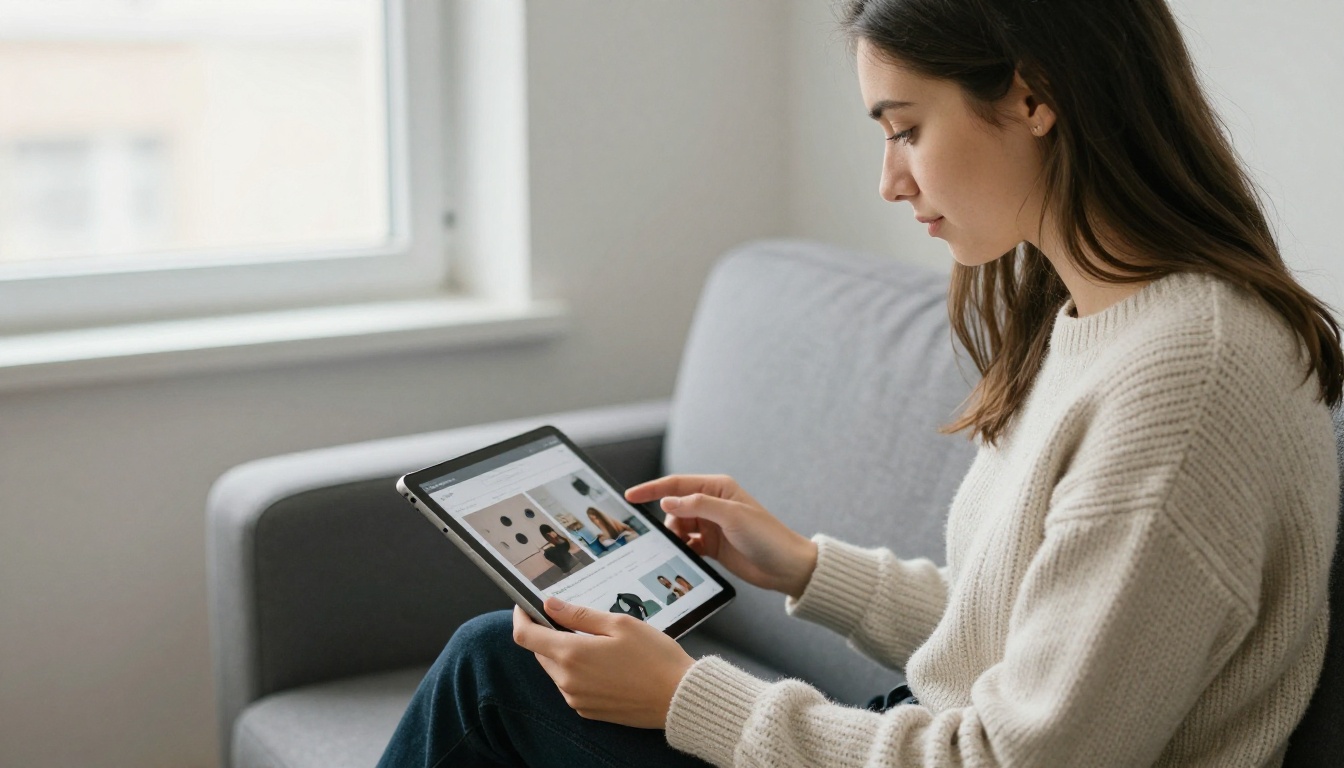 Web designer on a gray sofa testing an embedded flipbook on a tablet