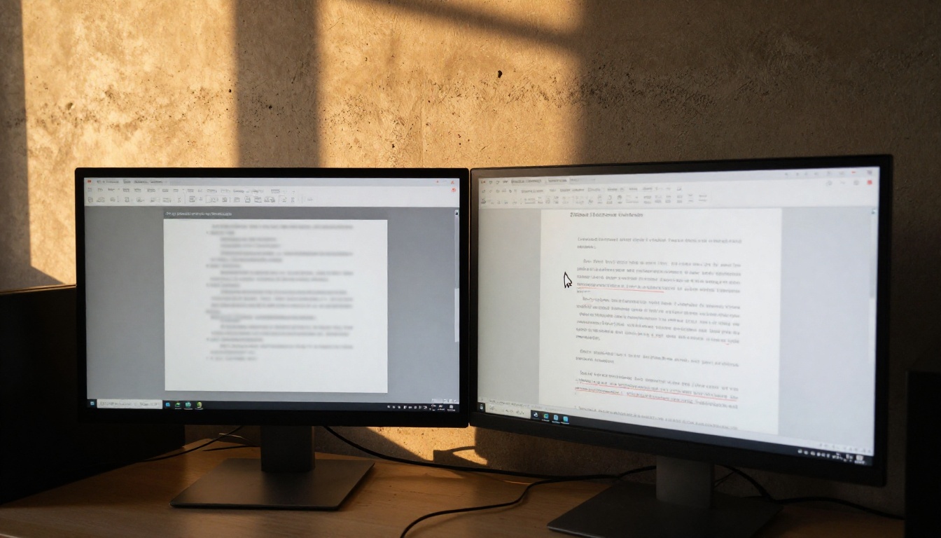 Dual monitor workstation with a layout on one screen and a PDF reader on the other Dual monitor workstation with a layout on one screen and a PDF reader on the other