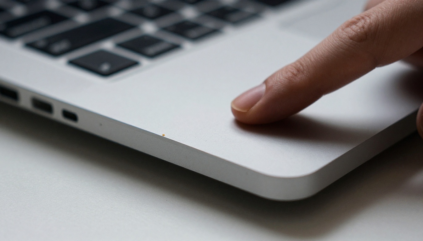 Macro of a finger on a laptop trackpad with smudges on the screen edge