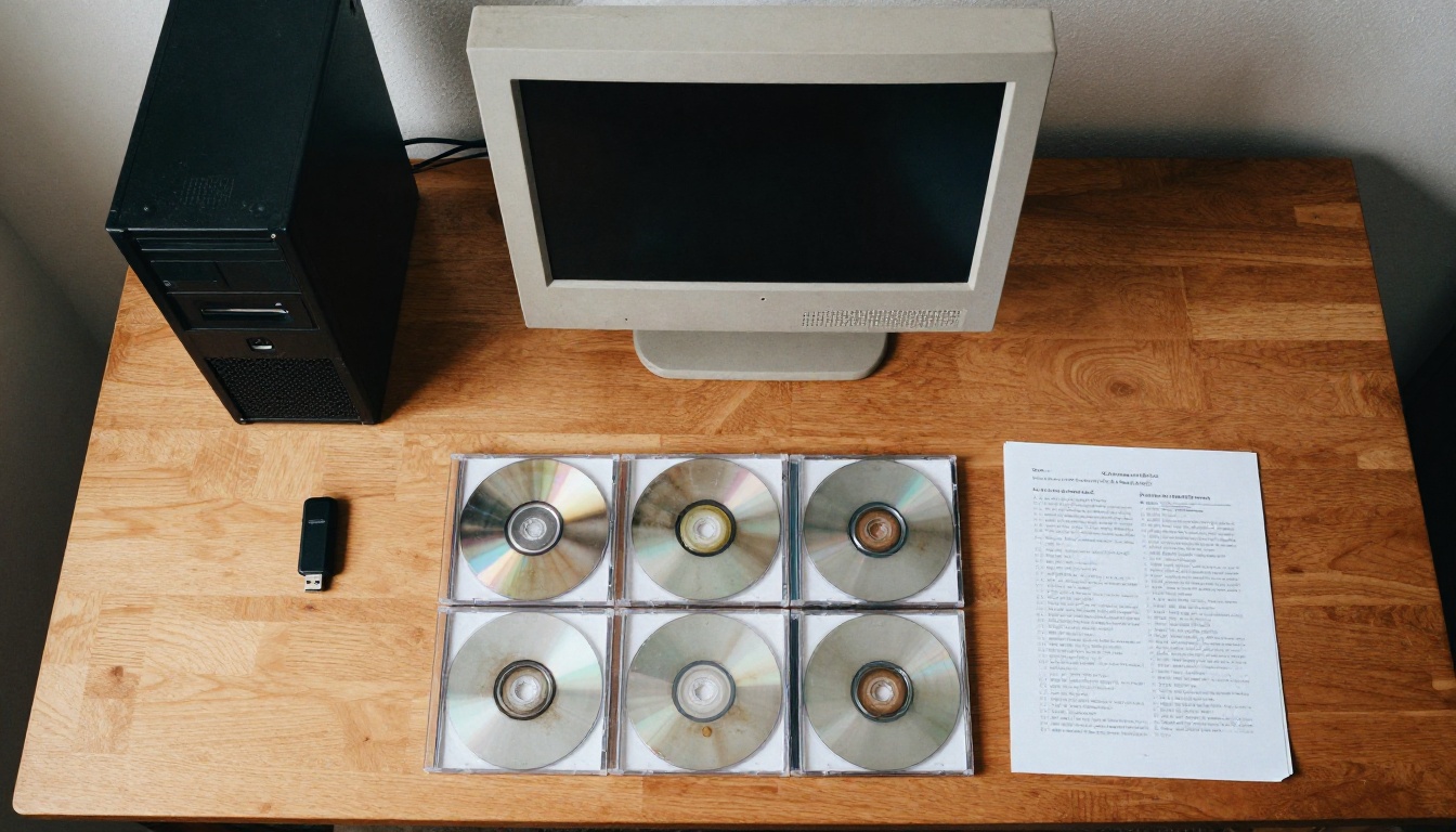 Aerial view of a desk with an old computer tower, CDs, USB drive and printed catalog pages Aerial view of a desk with an old computer tower, CDs, USB drive and printed catalog pages