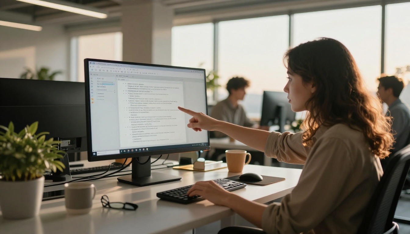 Colleagues at a monitor troubleshooting a document viewer in a modern office