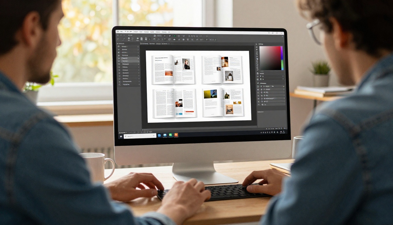 Graphic designer exporting a layout from a large desktop monitor in a bright studio Graphic designer exporting a layout from a large desktop monitor in a bright studio