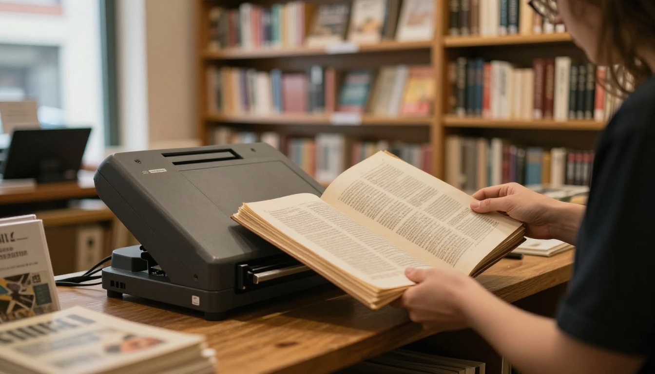 Bookshop owner scanning pages of an old printed catalog on a flatbed scanner Bookshop owner scanning pages of an old printed catalog on a flatbed scanner