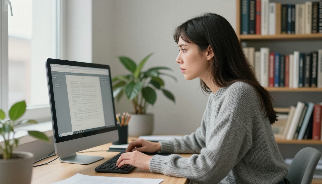 Designer leaning toward a monitor with a puzzled expression in a bright studio Designer leaning toward a monitor with a puzzled expression in a bright studio