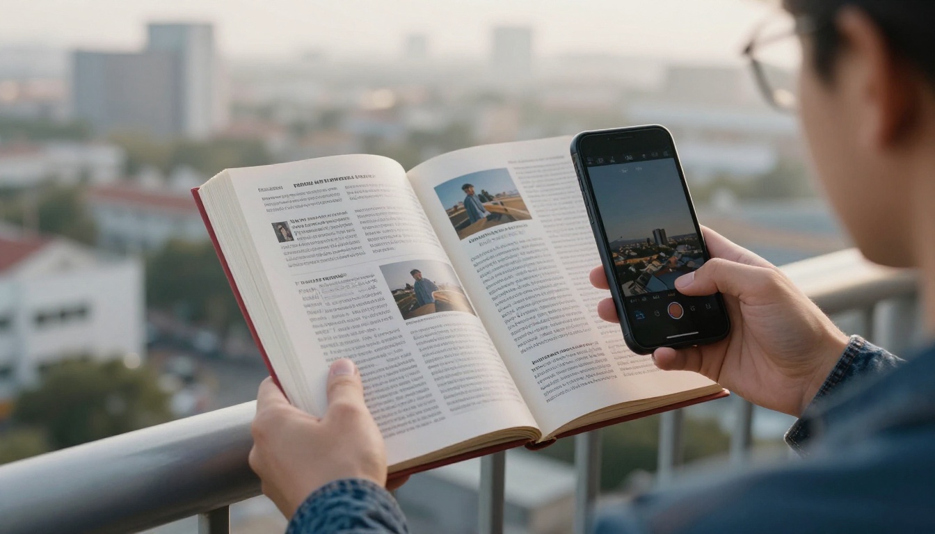 Person comparing a printed catalog with a smartphone on a sunlit balcony