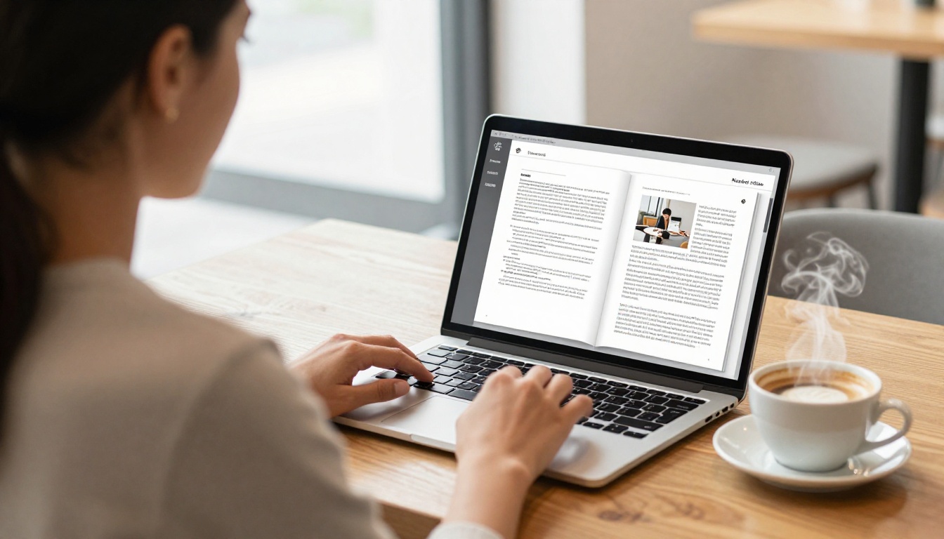 Woman uploading a PDF on a laptop in a bright cafe with a tablet showing a digital magazine Woman uploading a PDF on a laptop in a bright cafe with a tablet showing a digital magazine
