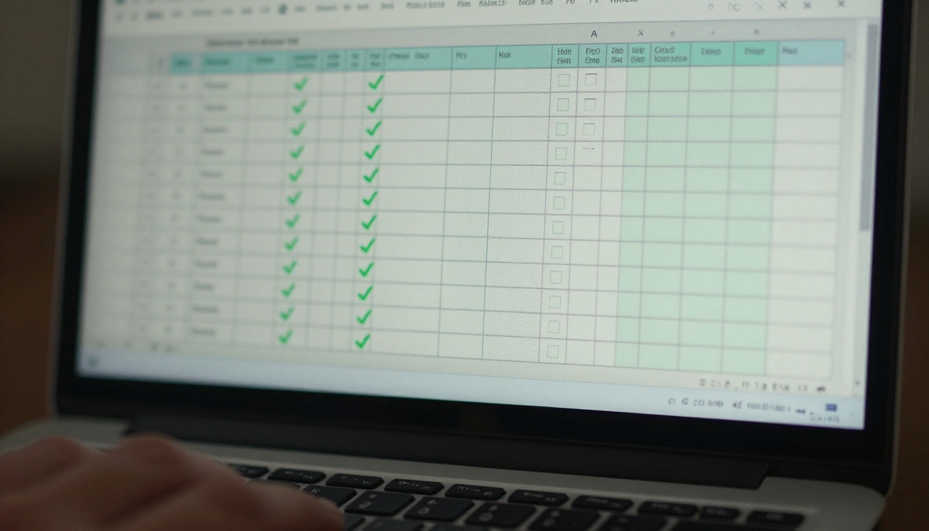 Macro view of a laptop screen showing a checklist with green ticks Macro view of a laptop screen showing a checklist with green ticks