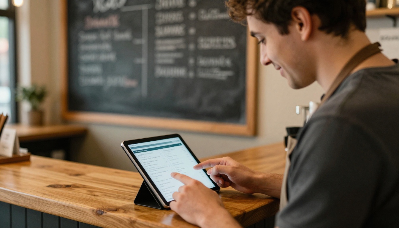 Smiling restaurant owner checking a digital menu flipbook on a tablet