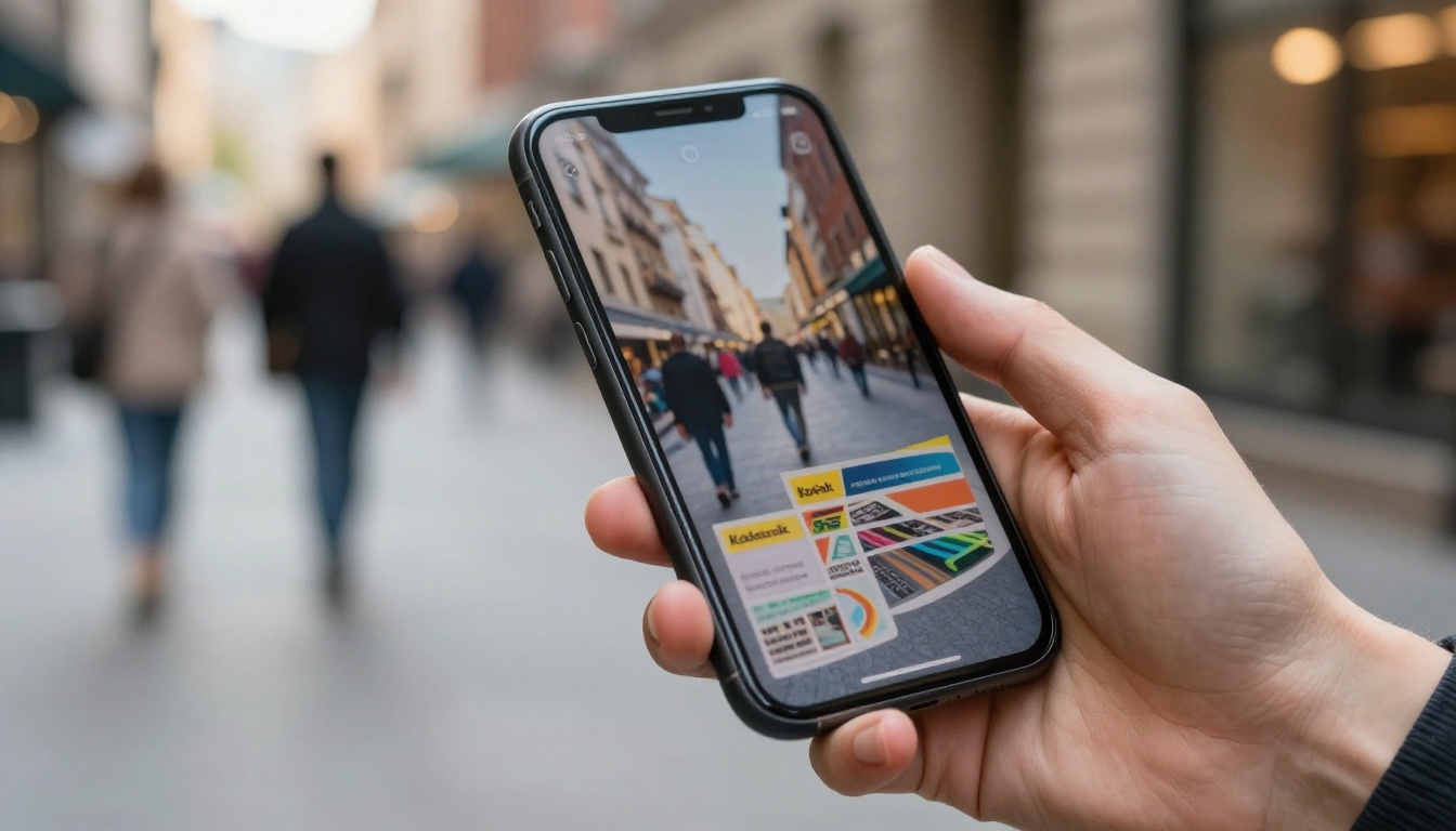 Hand holding a smartphone showing a colorful digital brochure, thumb mid-swipe Hand holding a smartphone showing a colorful digital brochure, thumb mid-swipe