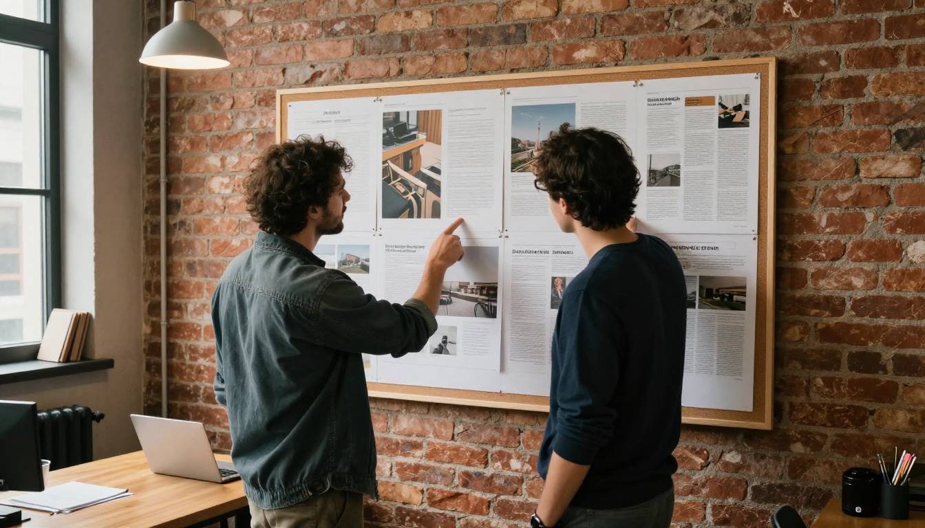 Colleagues reviewing a printed layout pinned to a corkboard Colleagues reviewing a printed layout pinned to a corkboard