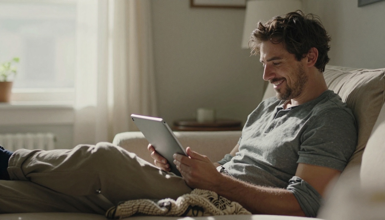 Relaxed reader smoothly turning flipbook pages on a tablet in a living room
