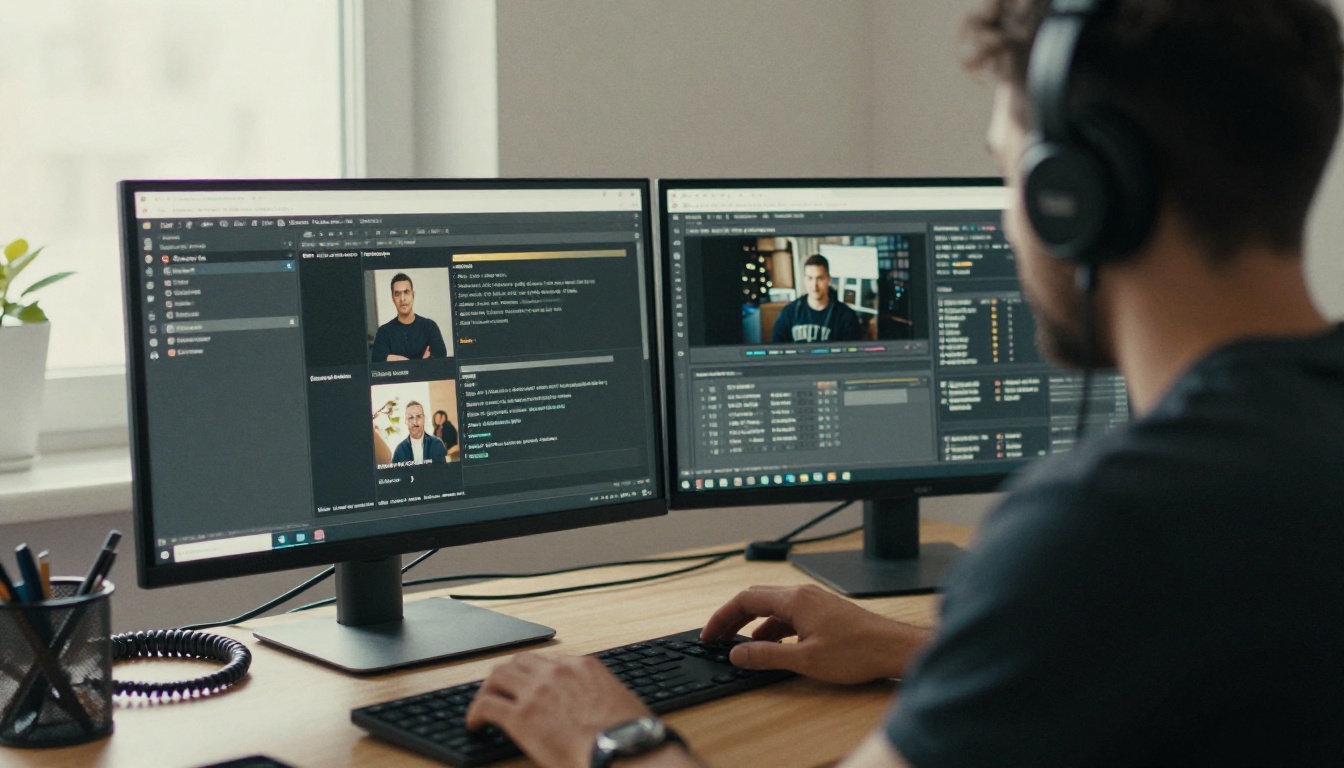 Web developer pasting an embed snippet into a content editor on a dual monitor setup Web developer pasting an embed snippet into a content editor on a dual monitor setup