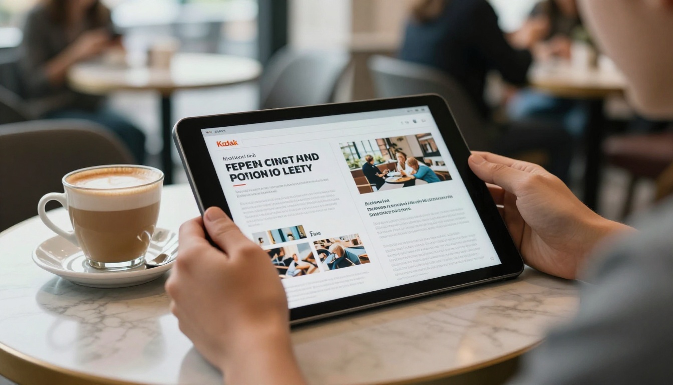 Person reading a digital magazine on a tablet at a cafe table Person reading a digital magazine on a tablet at a cafe table