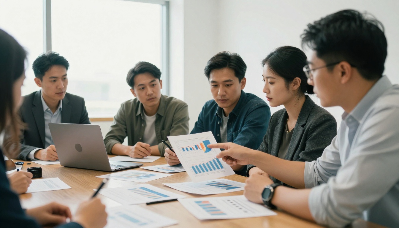Team of three colleagues reviewing printed analytics charts and a laptop in a bright meeting room Team of three colleagues reviewing printed analytics charts and a laptop in a bright meeting room