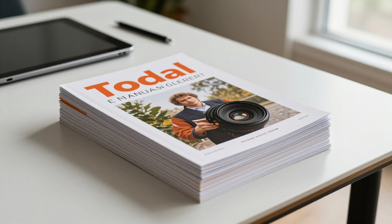 Stack of printed annual reports and a tablet on a conference table Stack of printed annual reports and a tablet on a conference table
