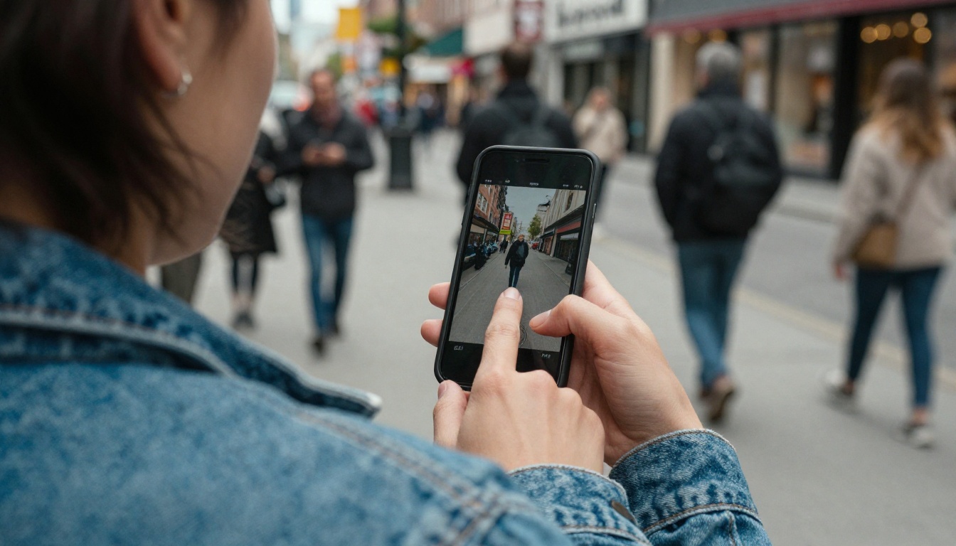 Person tapping a link on a phone while walking through a busy city street Person tapping a link on a phone while walking through a busy city street