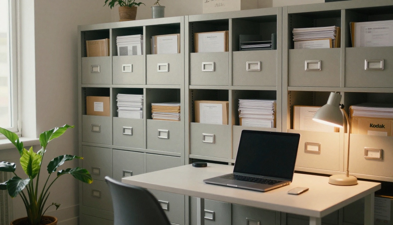 Neatly organized digital archive workspace with a filing cabinet and an open laptop Neatly organized digital archive workspace with a filing cabinet and an open laptop