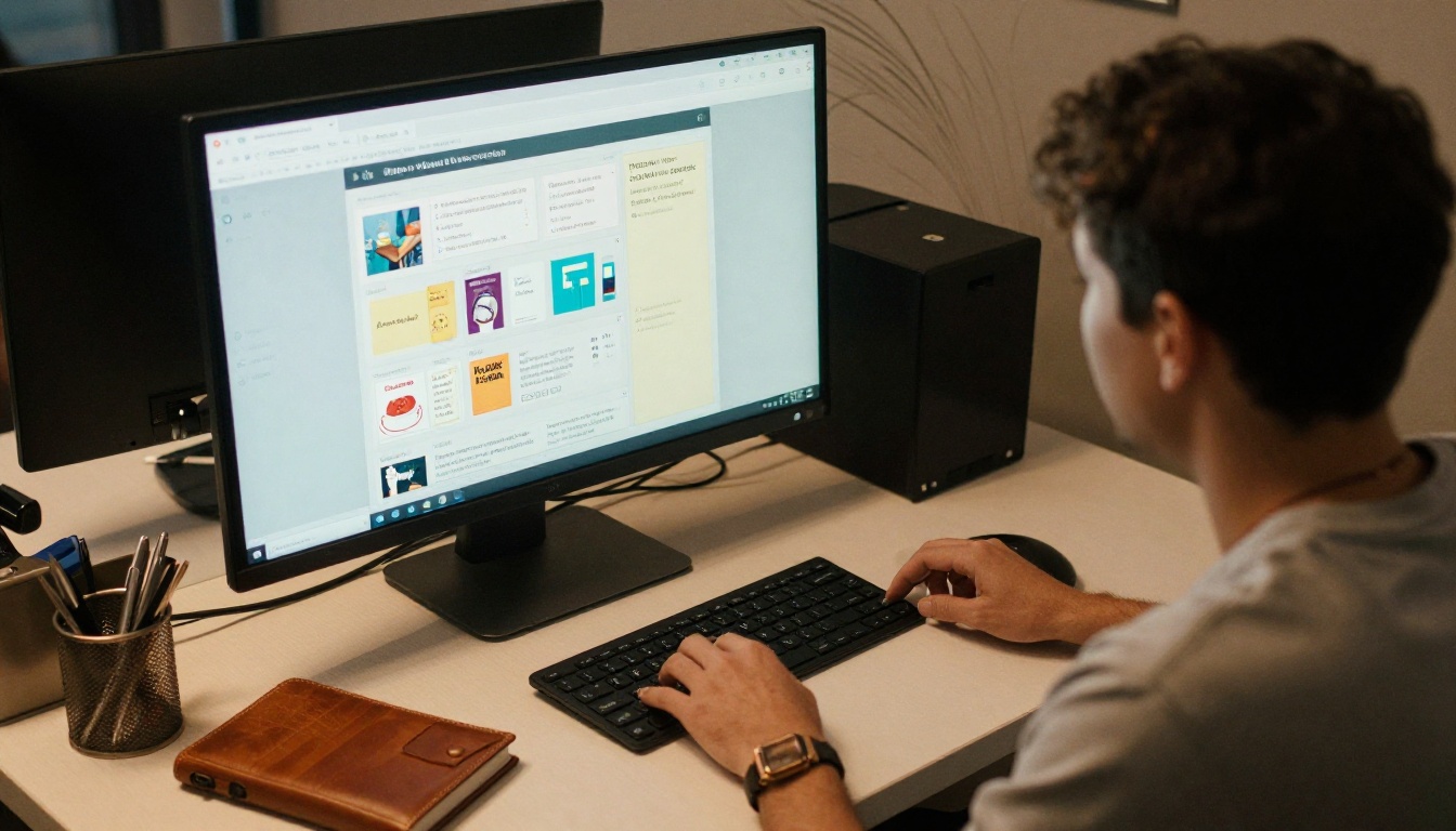 Small business owner viewing a digital catalog on a large monitor Small business owner viewing a digital catalog on a large monitor