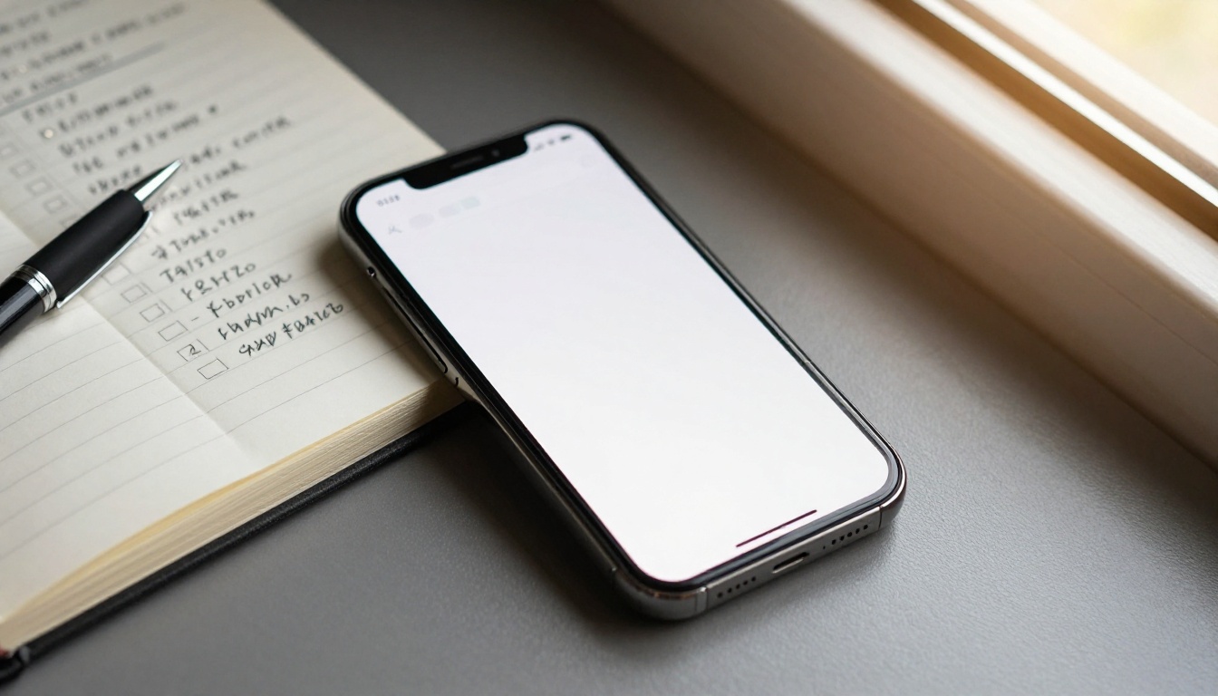 Smartphone on a desk showing a blank loading screen next to a handwritten checklist Smartphone on a desk showing a blank loading screen next to a handwritten checklist