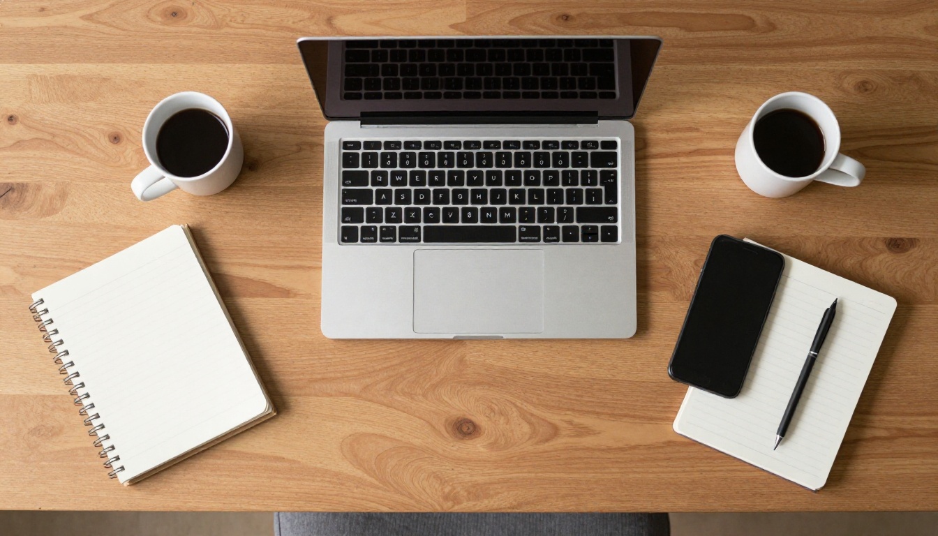 Top-down view of a desk with a laptop and two smartphones for device testing Top-down view of a desk with a laptop and two smartphones for device testing