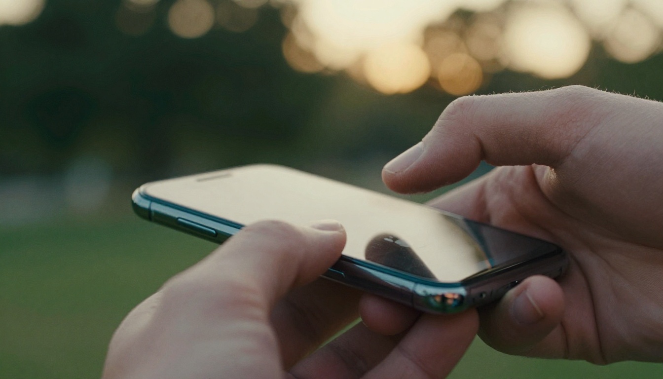 Thumb pressing the menu button on a smartphone in a sunny park Thumb pressing the menu button on a smartphone in a sunny park