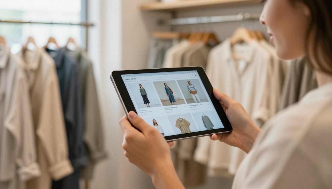 Boutique owner holding a tablet displaying a product catalog in a bright shop Boutique owner holding a tablet displaying a product catalog in a bright shop