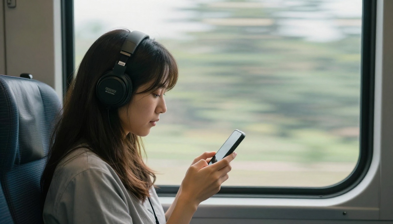Woman on a commuter train looking at her phone with headphones on Woman on a commuter train looking at her phone with headphones on