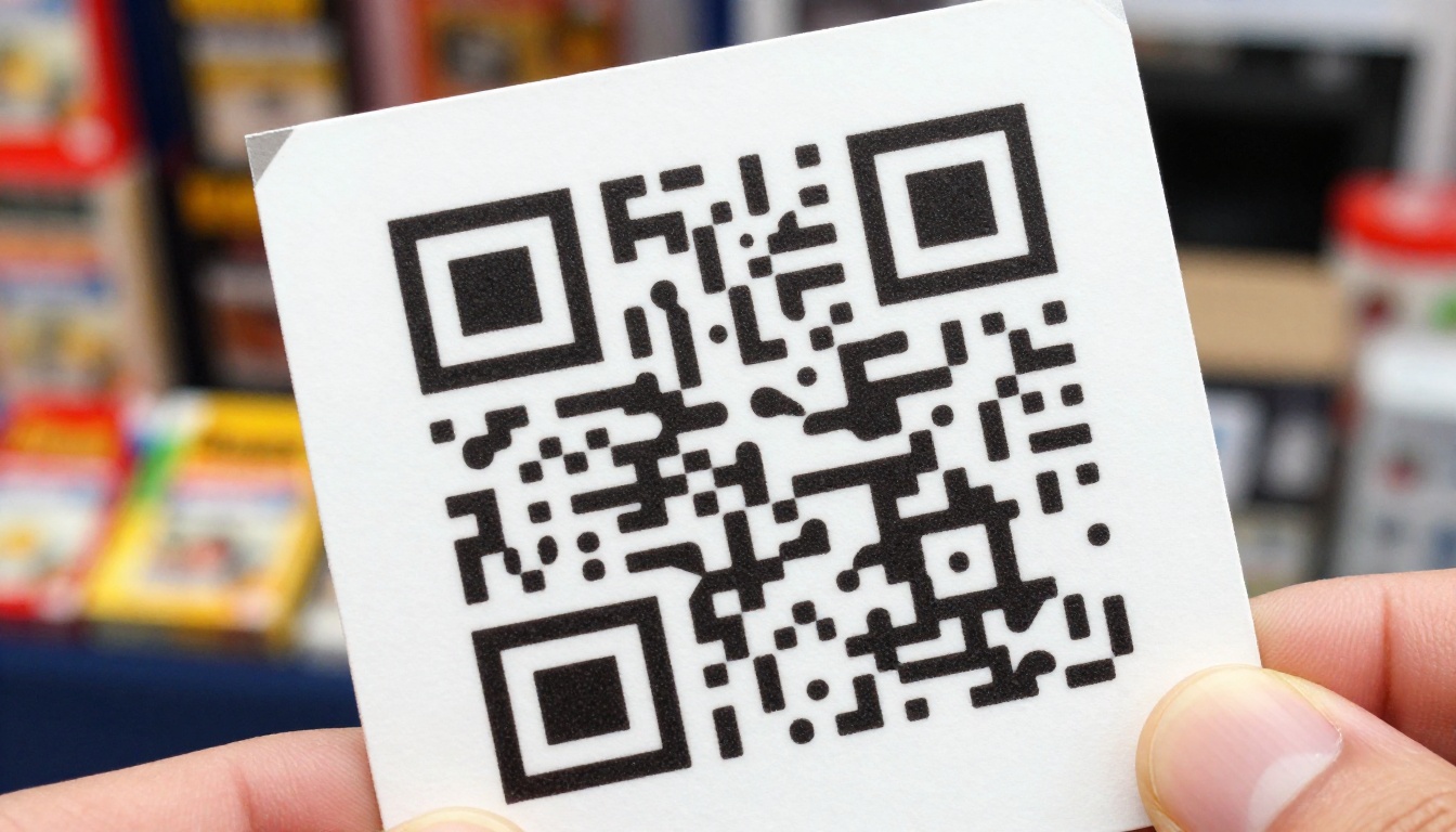 QR code printed on a business card held between fingers at a market stall QR code printed on a business card held between fingers at a market stall